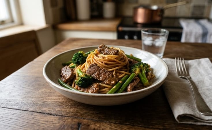 Beef and Broccoli with Green Beans, Spaghetti, and Red Sauce
