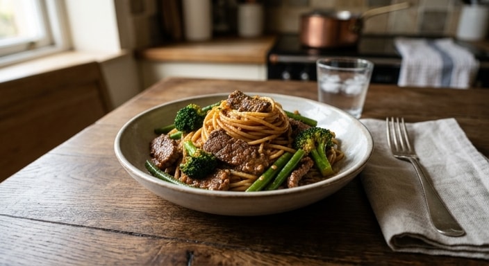 西兰花四季豆炒牛肉配红酱意面