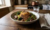 Beef and Broccoli with Green Beans, Spaghetti, and Red Sauce