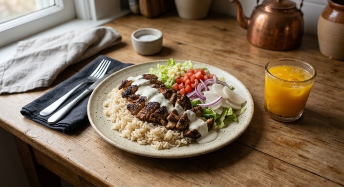 Chicken Shawarma Rice Plate with Mango Juice
