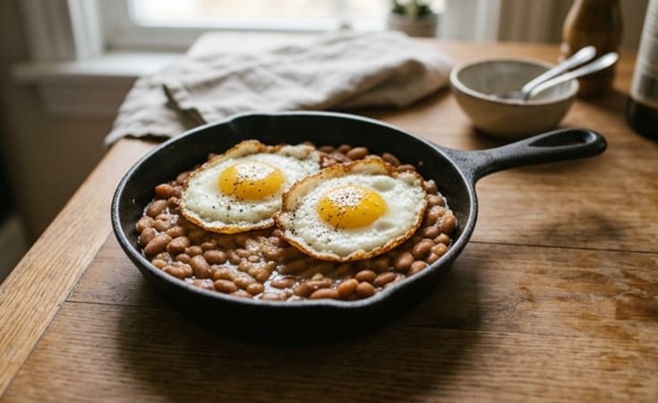 Fried Eggs with Pinto Beans and Sautéed Onion-Garlic