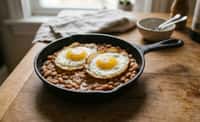 Fried Eggs with Pinto Beans and Sautéed Onion-Garlic