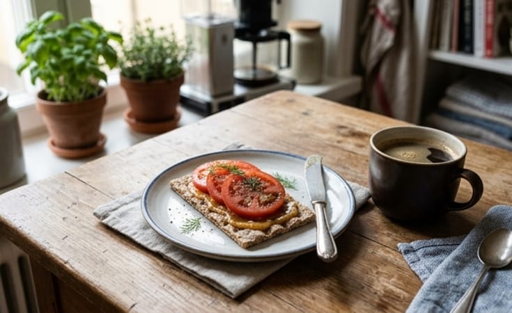 Crisp Knäckebröd with Messmör and Tomato, Served with Coffee