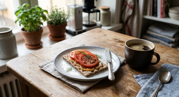 Crisp Knäckebröd with Messmör and Tomato, Served with Coffee