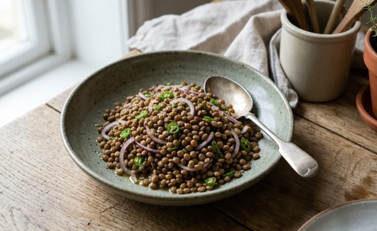 Warm Brown Lentil Salad with Red Onion and Green Chili