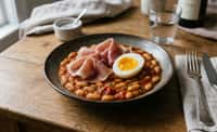 Prosciutto Crudo with White Beans in Tomato Sauce and Soft-Boiled Egg