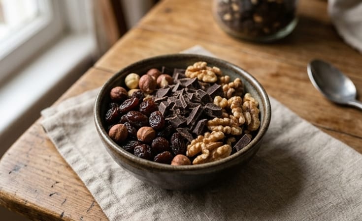 Dark Chocolate Trail Mix with Raisins, Hazelnuts, and Walnuts