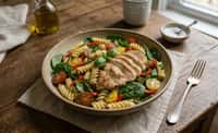 Rotini Salad with Chicken, Spinach, Cherry Tomato, and Red Pepper