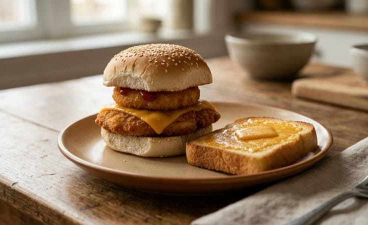 Crispy Chicken Slider with Cheddar, Croquette and Cheese Toast
