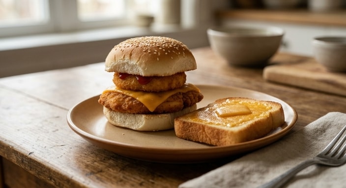 Crispy Chicken Slider with Cheddar, Croquette and Cheese Toast