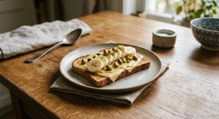 Mustard-Kissed Toast with Melted American Cheese, Banana, and Pistachio