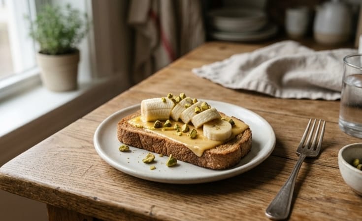 Whole Wheat Toast with American Cheese, Mustard, Banana, and Pistachio