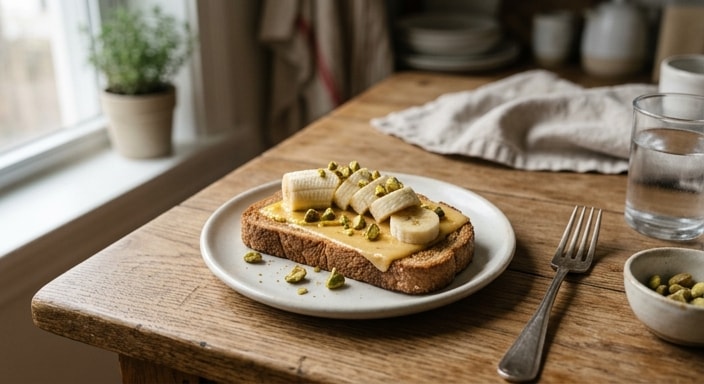Whole Wheat Toast with American Cheese, Mustard, Banana, and Pistachio