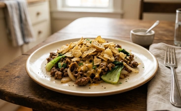 Crisp Beef Skillet with Cheddar, Bok Choy, and Potato Chips