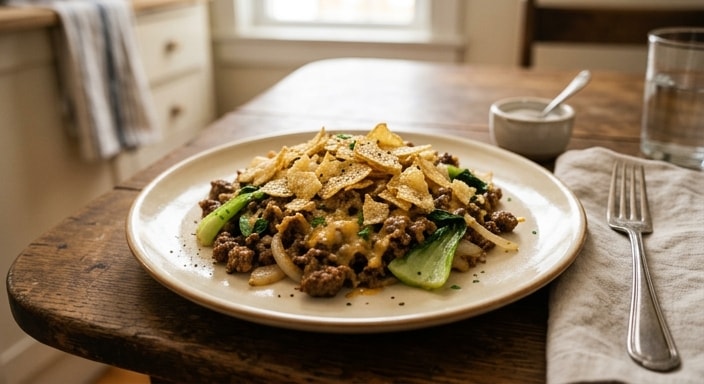 牛绞肉配切达奶酪丝、薯片和小白菜