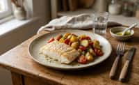 White Fish with Roasted Potato, Cherry Tomato, and Lemon