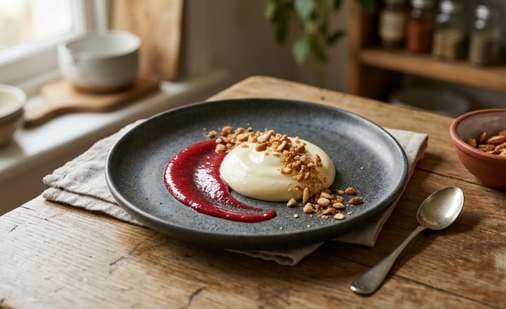 Silken White Chocolate Cream with Raspberry Gel and Almond Crumble