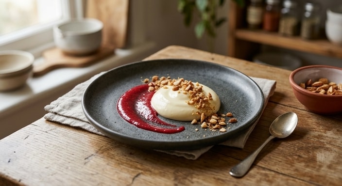 Silken White Chocolate Cream with Raspberry Gel and Almond Crumble