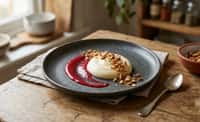 Silken White Chocolate Cream with Raspberry Gel and Almond Crumble
