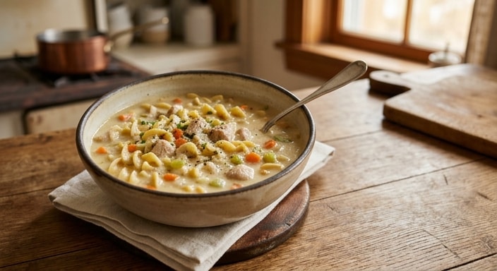 Creamy Chicken Noodle Soup with Buttered Vegetables