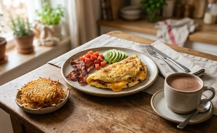 Country Omelette with Crisp Bacon, Cheddar, Avocado, Tomatoes, Hash Browns, and Hot Chocolate