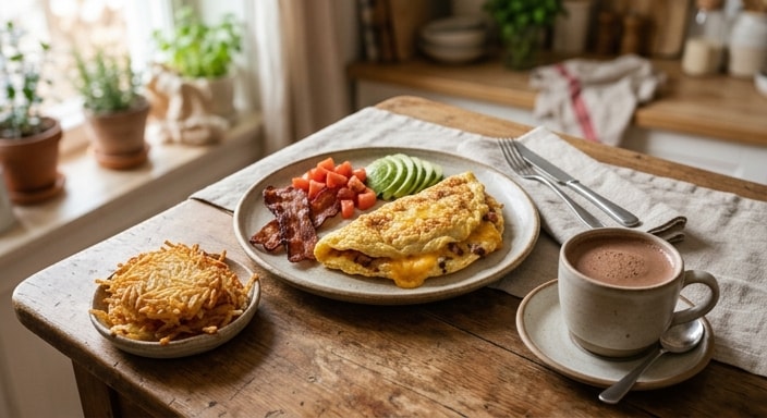 Omelet met spek, avokado, kaas, tamaties, hash browns en warm sjokolade