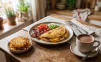 Country Omelette with Crisp Bacon, Cheddar, Avocado, Tomatoes, Hash Browns, and Hot Chocolate