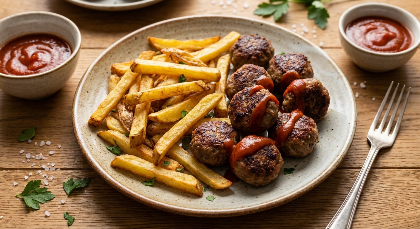 Meatballs with French Fries and Ketchup