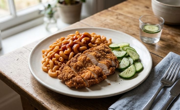Crispy Fried Chicken with Elbow Pasta, Ketchup, and Cucumber