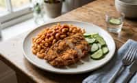 Crispy Fried Chicken with Elbow Pasta, Ketchup, and Cucumber