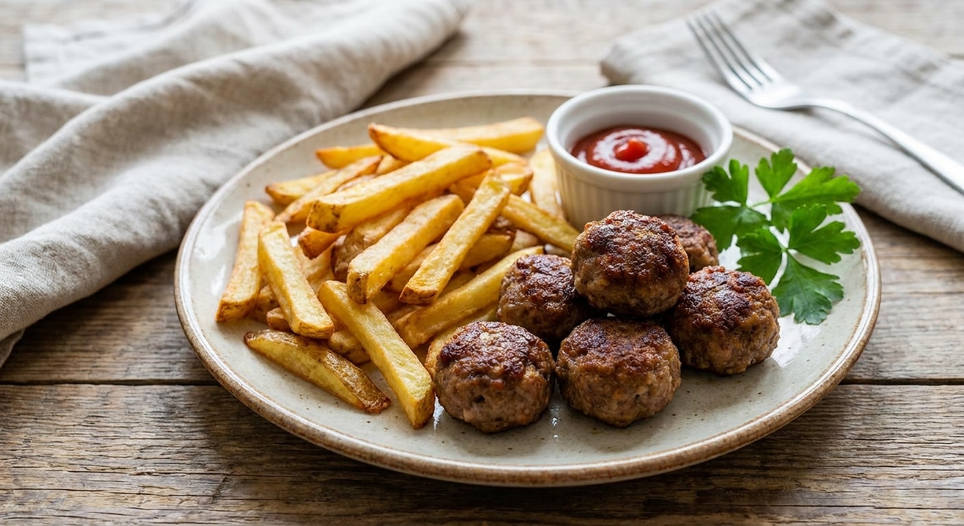 French Fries with Fried Meatballs
