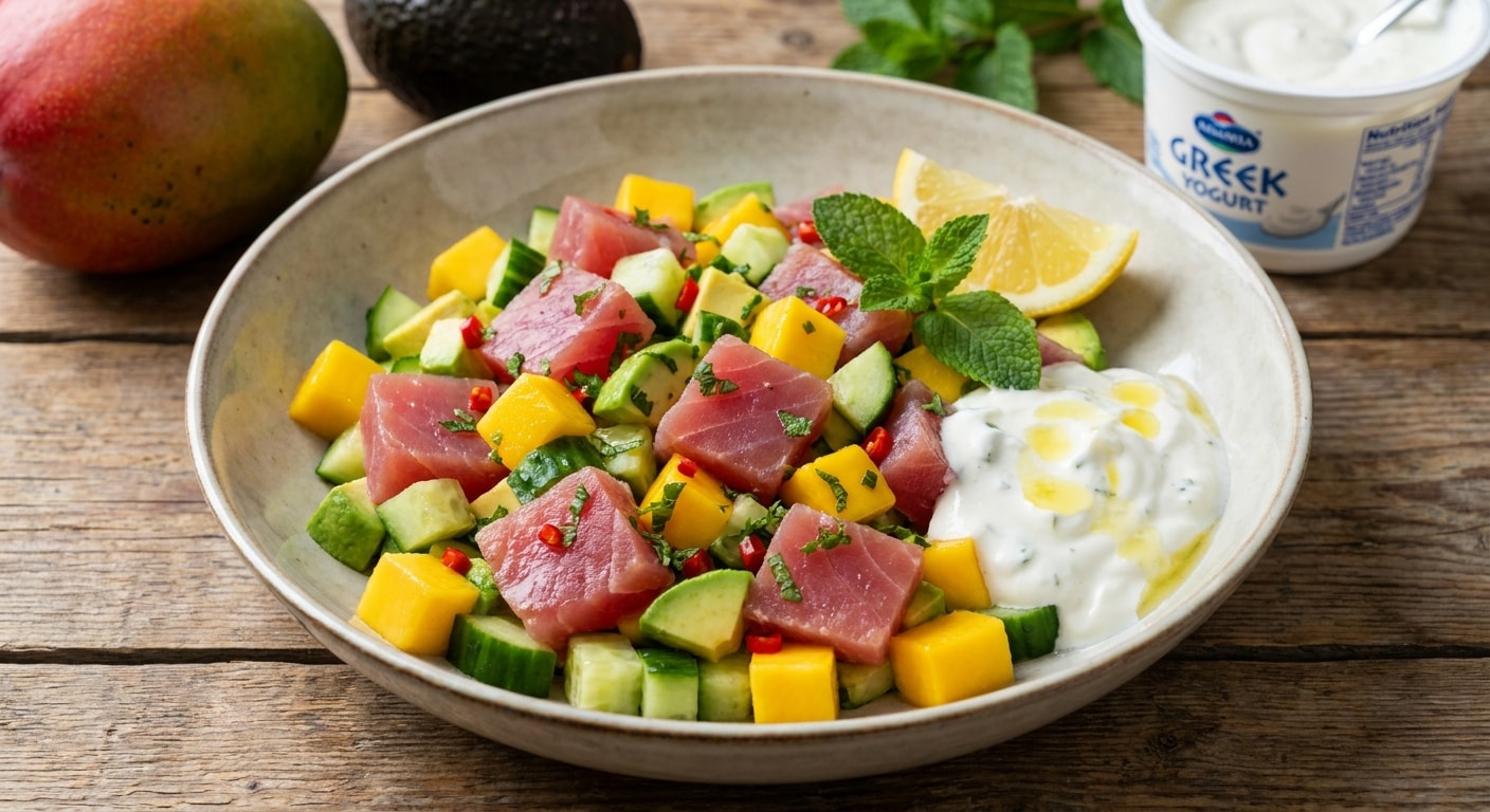 Mango Avocado Tuna Salad with Garlic Greek Yogurt
