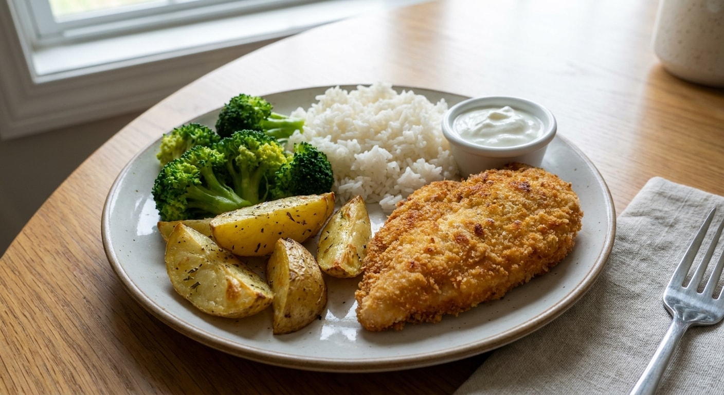 Breaded Chicken with Rice, Broccoli, and Roasted Potatoes