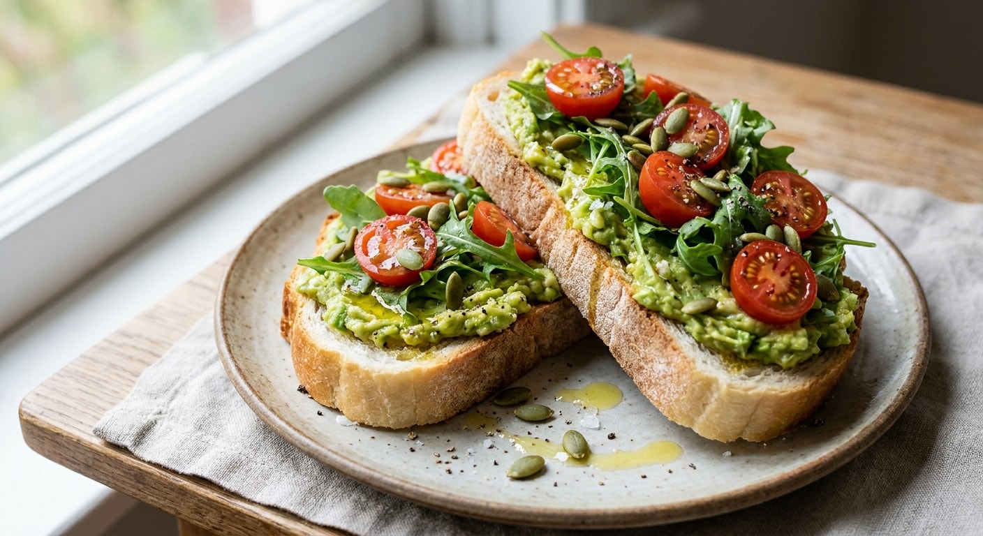 Avocado Toast with Arugula, Cherry Tomatoes, and Pumpkin Seeds