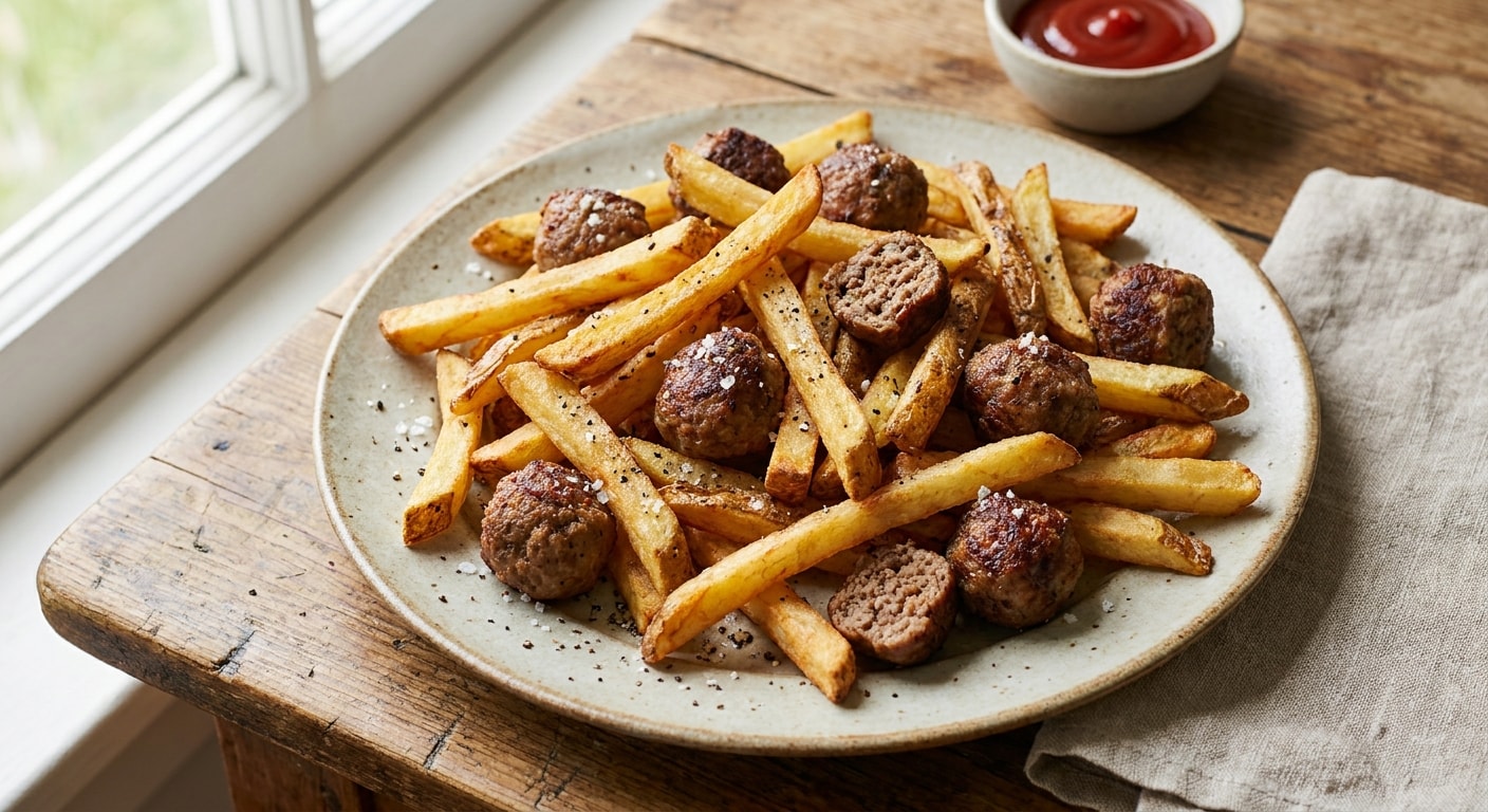 French Fries with Beef and Pork Meatballs