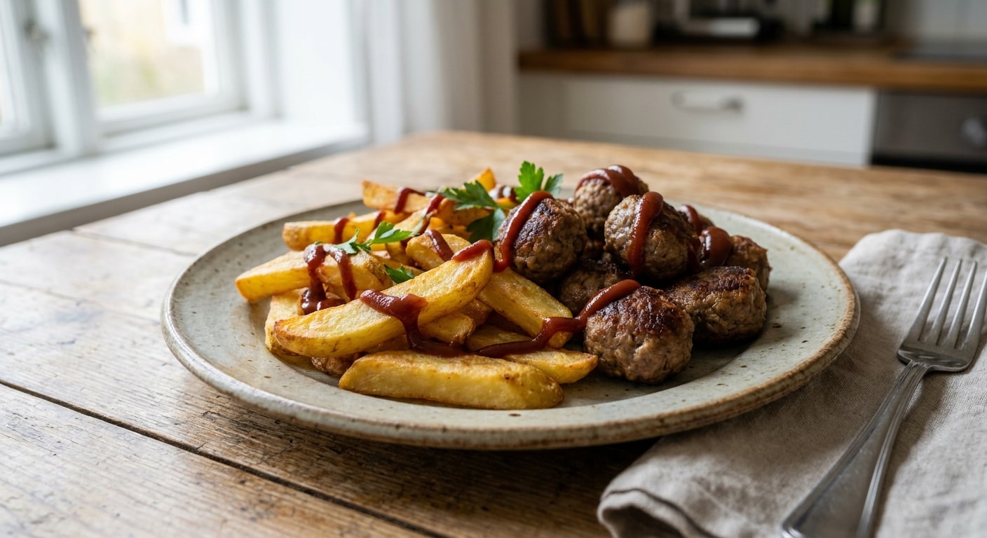Steak-Fried Potatoes with Crisp Beef Meatballs and Ketchup