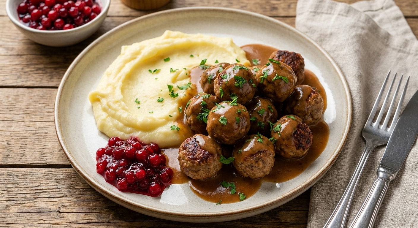 Swedish Meatballs with Buttery Potato Purée, Lingonberry Preserve, and Pan Gravy