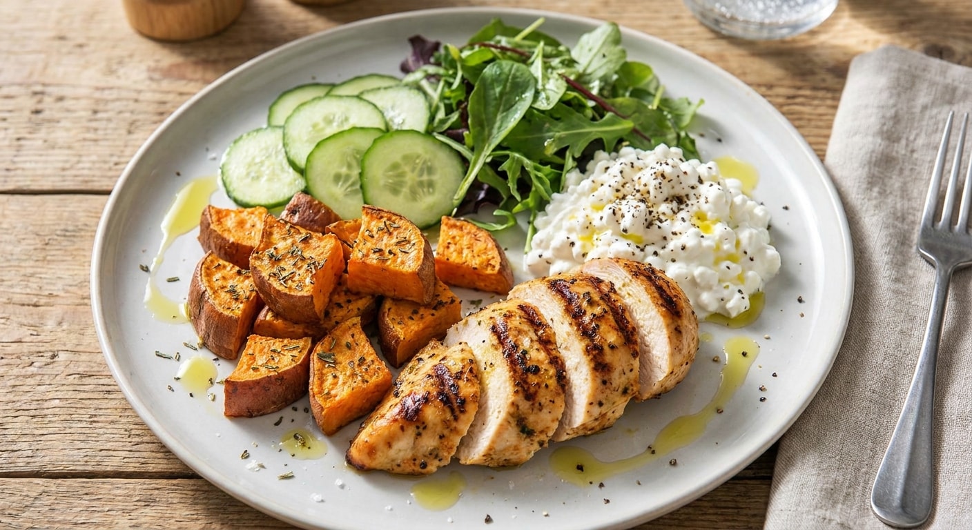 Grilled Chicken Breast with Roasted Sweet Potato, Cottage Cheese, Cucumber, and Leafy Greens