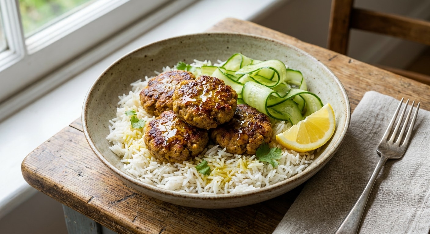 Basmati Rice with Spiced Beef Patties, Cucumber, and Lemon Oil