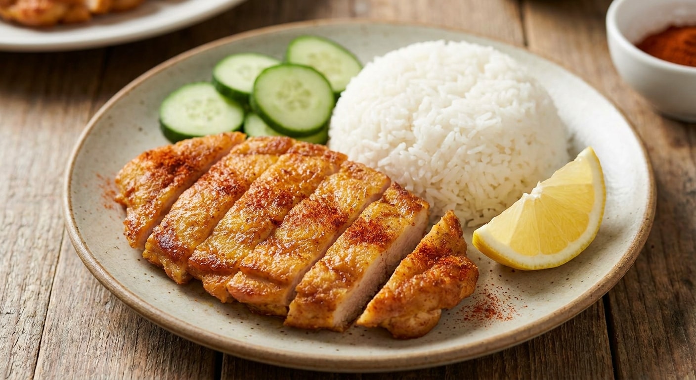 Pan-Fried Paprika Chicken Cutlet with Steamed White Rice, Cucumber, and Lemon