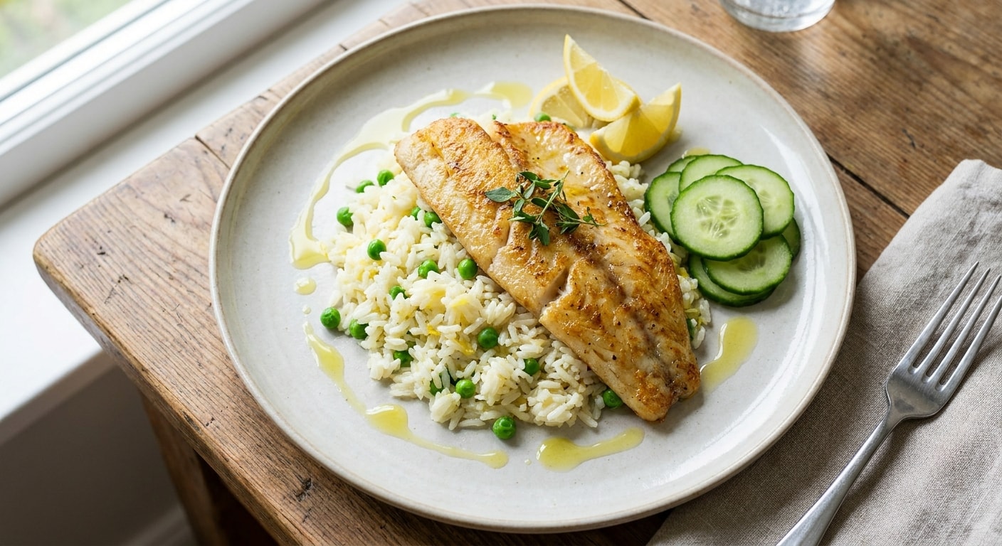 Pan-Seared Fish Fillet with Lemon Rice, Peas, and Cucumber