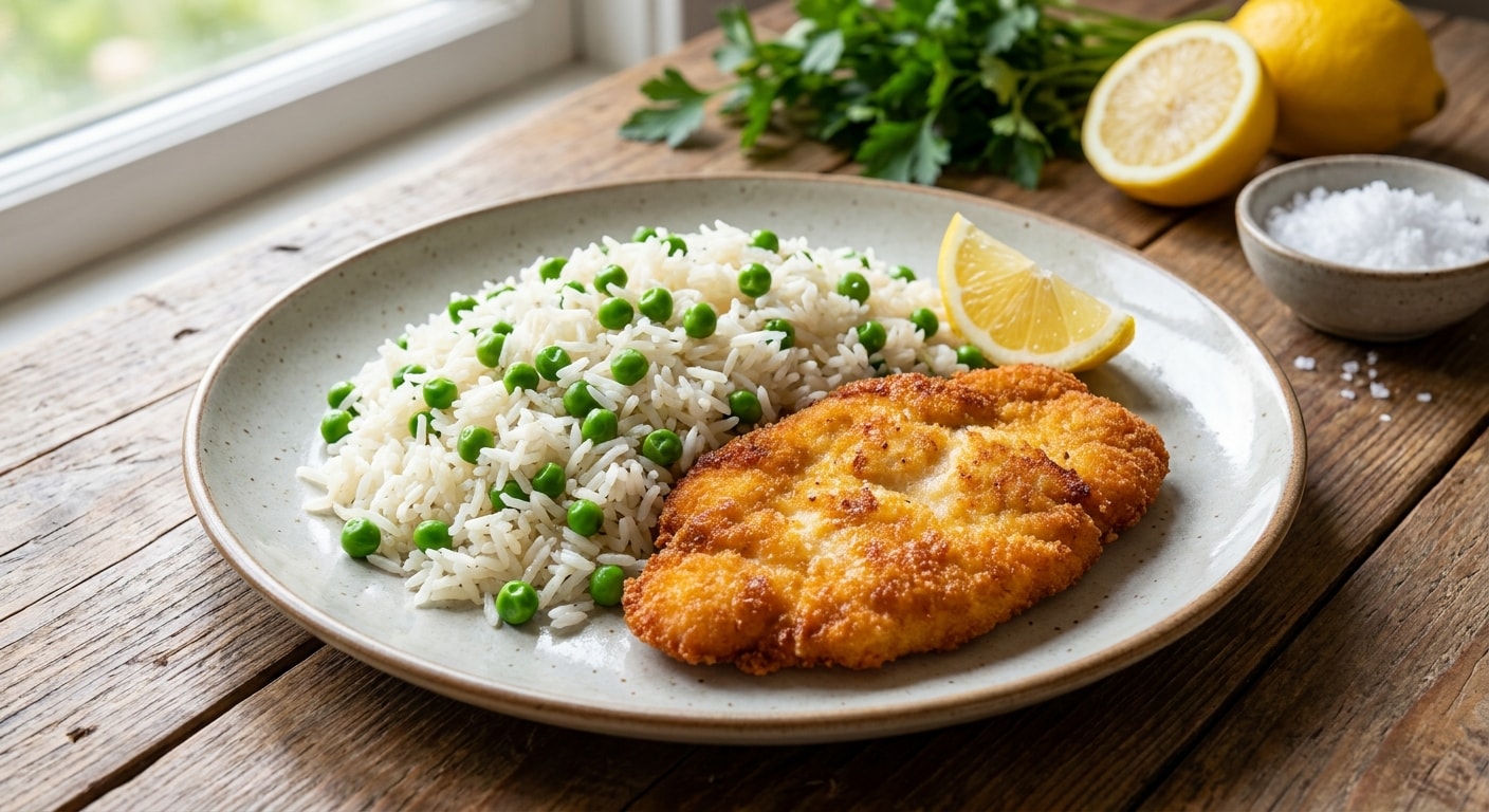 Chicken Schnitzel with Basmati Rice, Peas, and Lemon