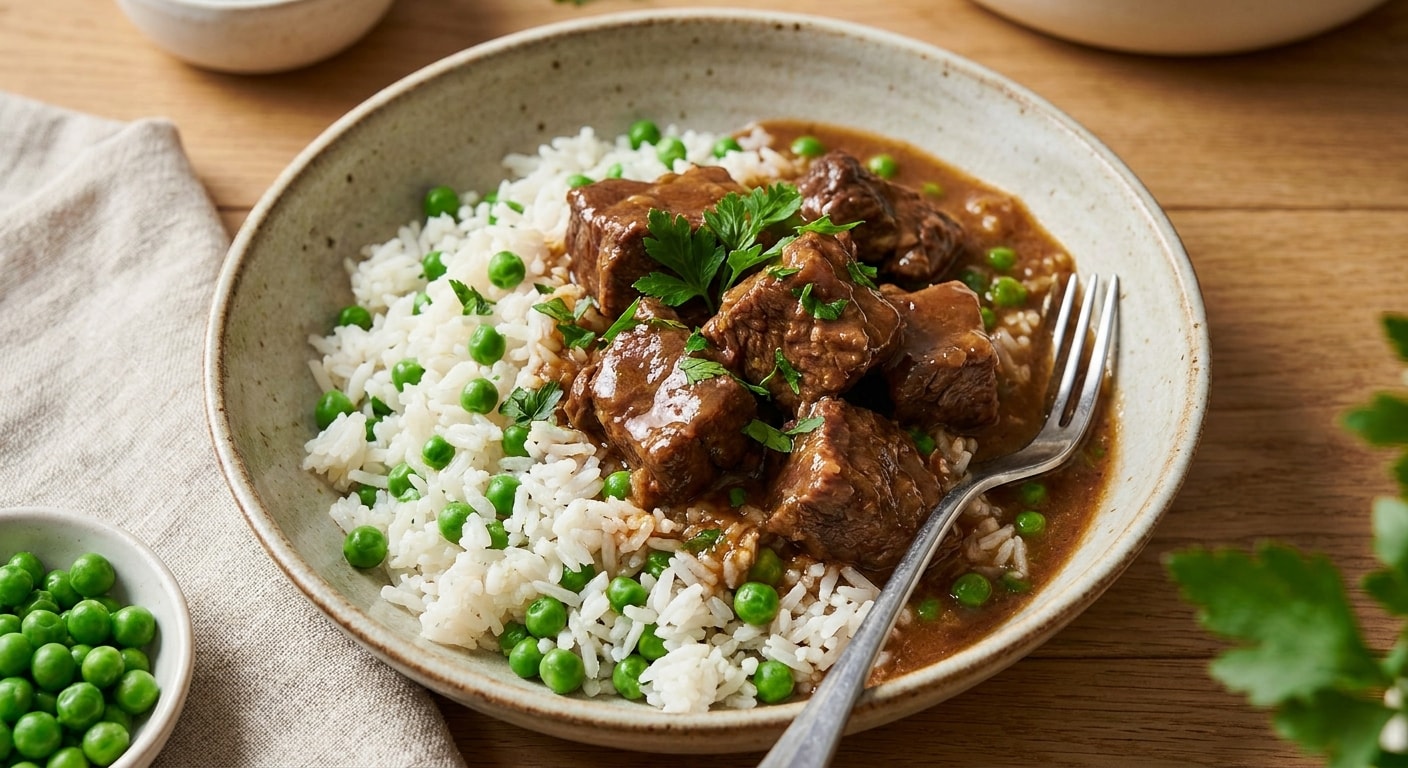 Rice with Green Peas and Braised Beef in Brown Gravy