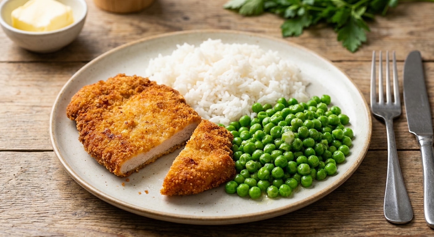 Pan-Fried Breaded Cutlet with White Rice and Buttered Green Peas
