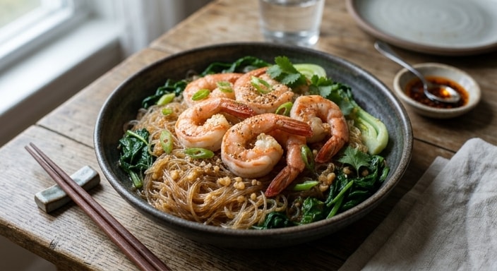 Steamed Shrimp with Glass Noodles and Wilted Greens
