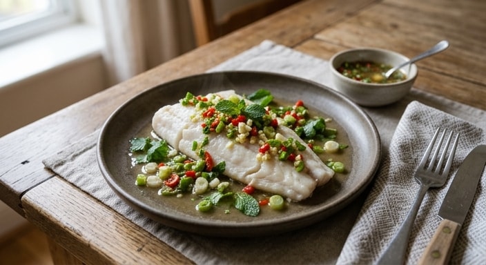 Steamed White Fish Fillet with Chili-Lime Herb Sauce