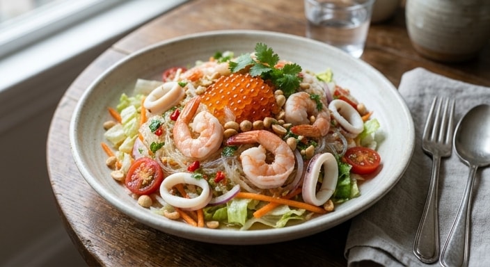 Glass Noodle Salad with Shrimp, Squid, Salmon Roe, and Chili-Lime Dressing