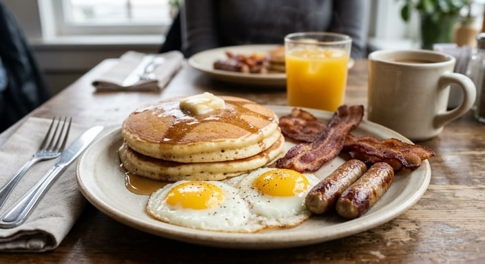 Classic Breakfast Plate with Pancakes, Fried Eggs, Bacon, and Sausage