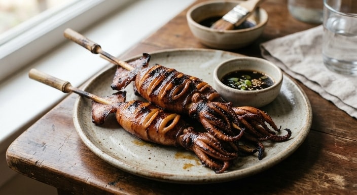 Grilled Whole Squid Skewers with Soy Glaze
