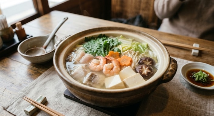 Seafood and Vegetable Hot Pot with Tofu, Napa Cabbage, and Mushrooms